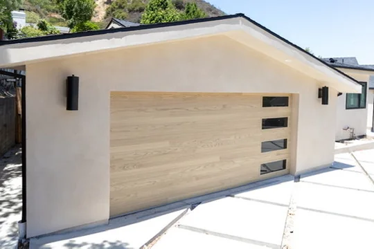 Warm wood-look contemporary garage door